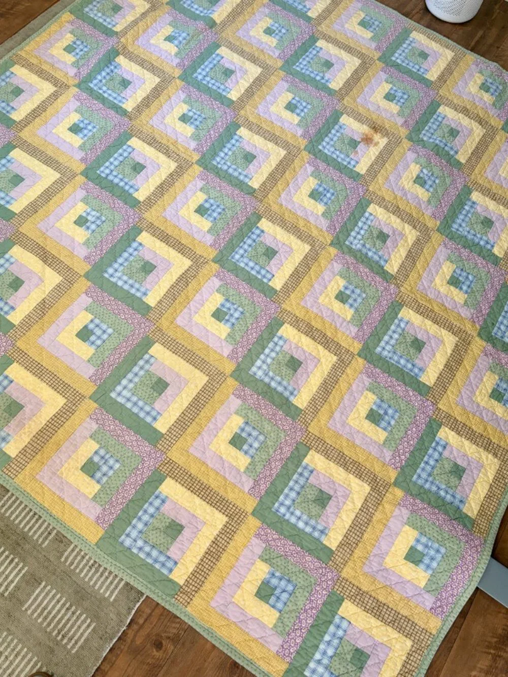 Vintage Log Cabin Quilt | Large Handmade Pastel Patchwork Quilt | 84
